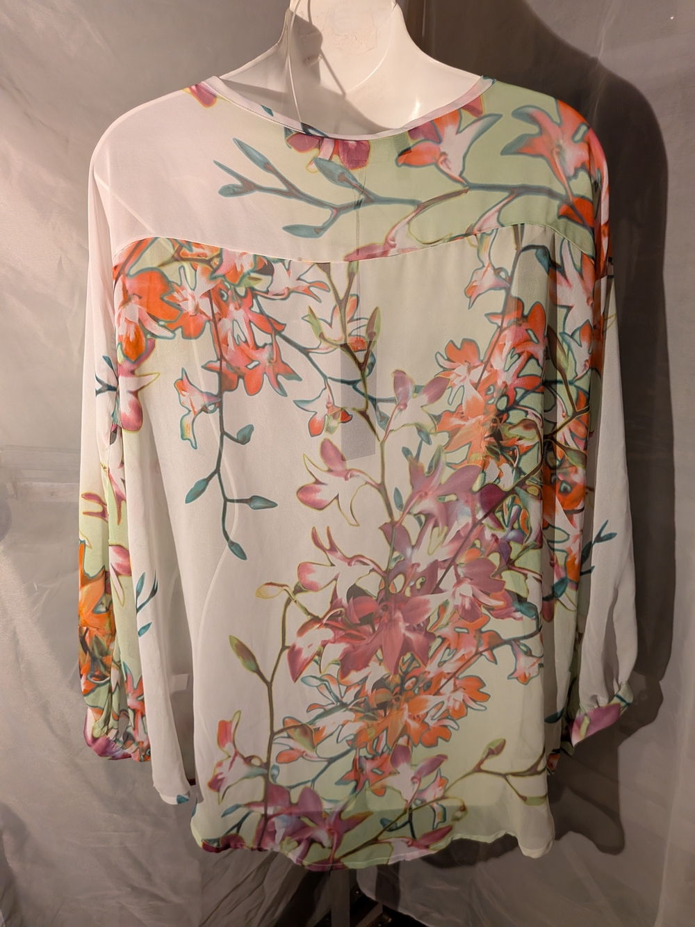 Jennifer Lopez Pastel Floral Sheer Blouse - Green/Pink/Orange - Picture 4 of 8